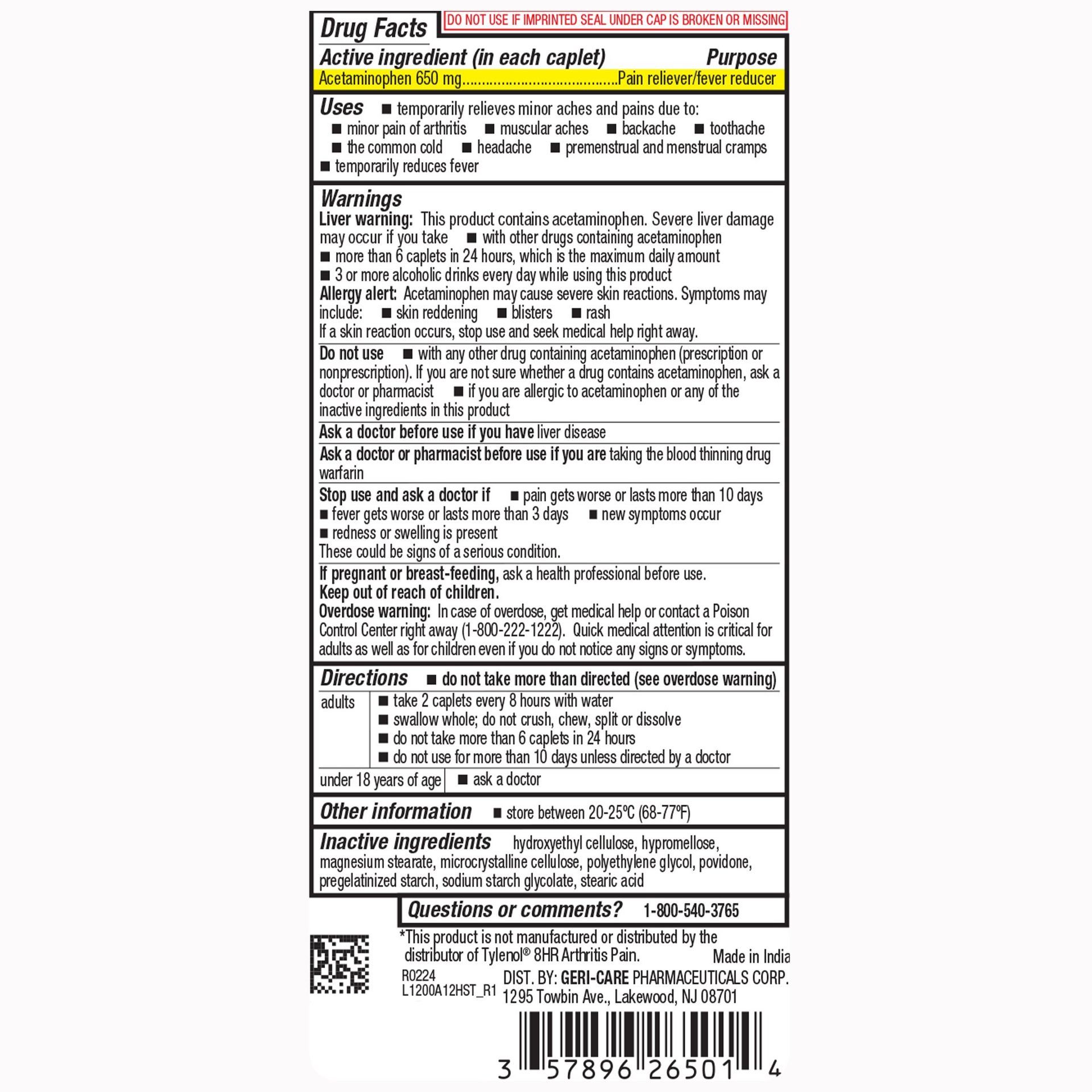 Acetaminofén 650 mg (Artritis) – 100 tabletas (1 botella)