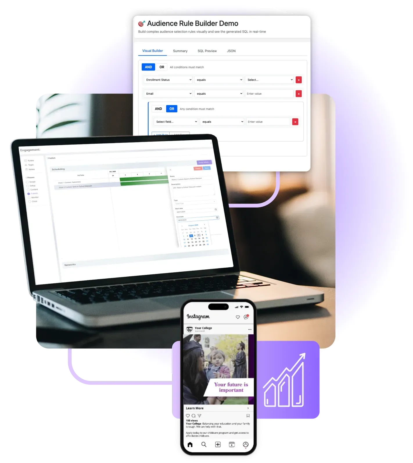 Laptop, phone, and form on a desktop surface, showing online data and social media content with an increasing graph.