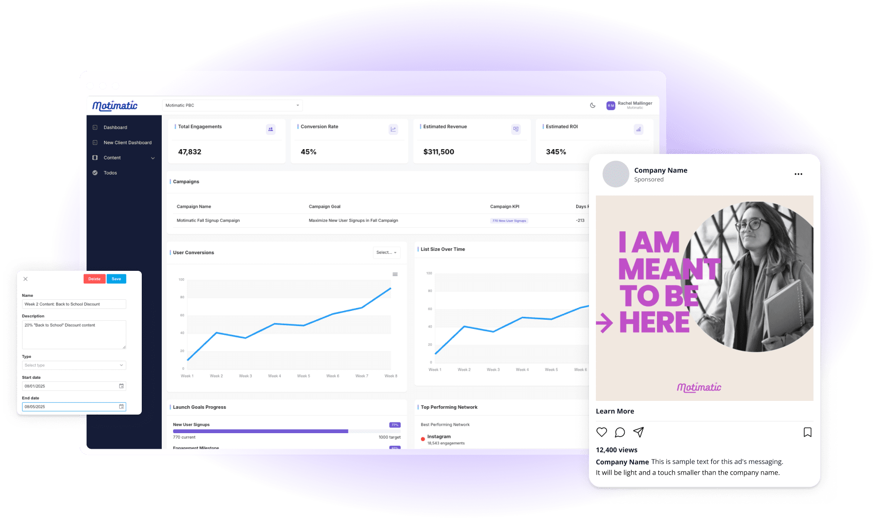 Floaiting screenshots of the Motimatic Reach Analytics dashboard and a social post.