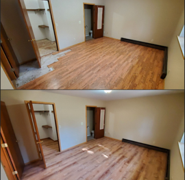 Before and after photos of a room with wood flooring, showing a completed repair of a missing floor section.
