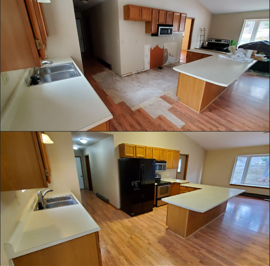 Before and after photos of a kitchen remodel, showing a new black refrigerator installed in a previously empty space.