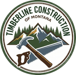 Circular logo for Timberline Construction of Montana featuring a mountain range, pine trees, a hammer, and a hand saw.