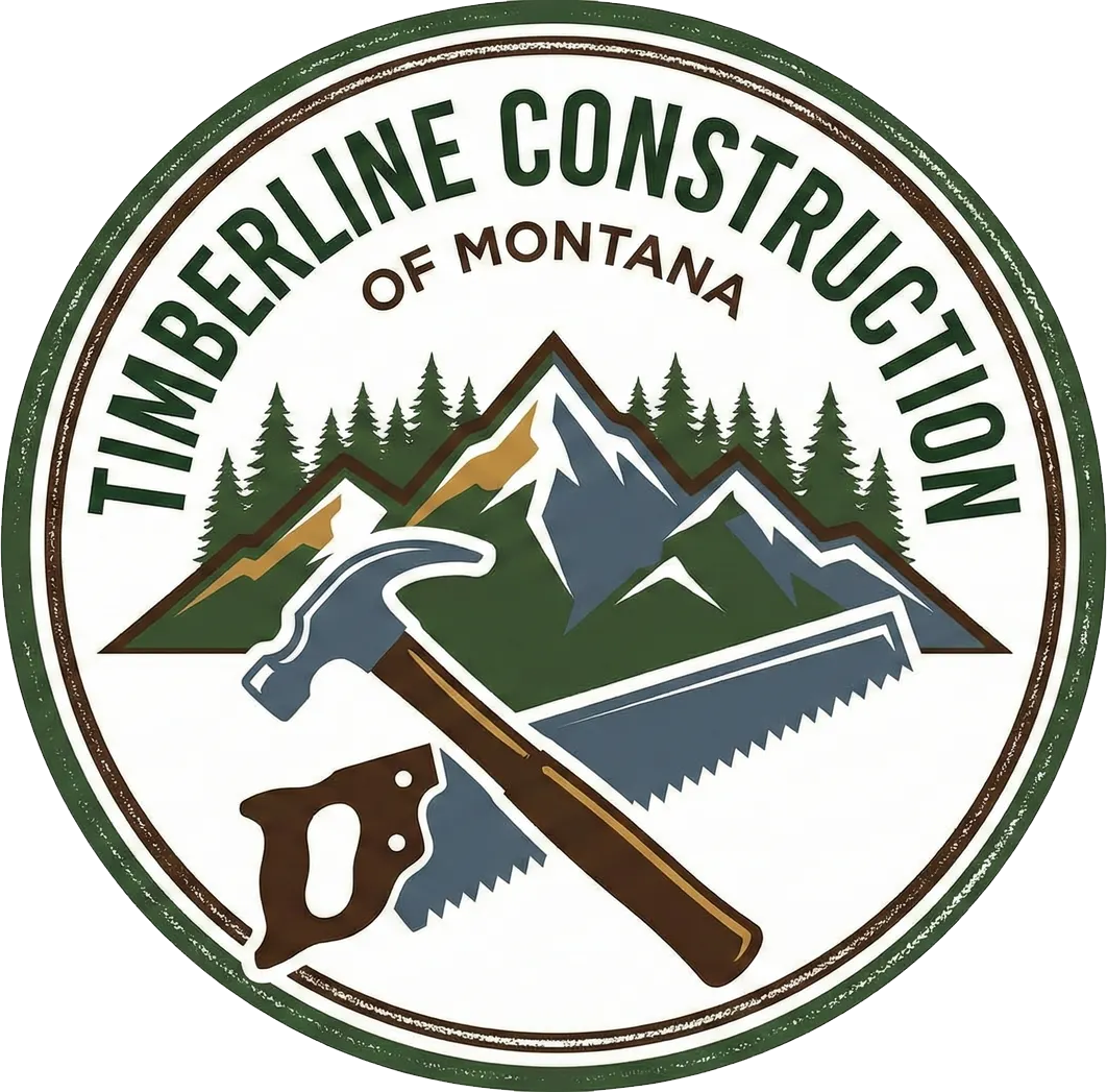 Circular logo for Timberline Construction of Montana featuring a mountain range, pine trees, a hammer, and a hand saw.