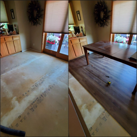 Before-and-after photo of a dining room floor, showing carpet removal and the installation of new dark wood planks.