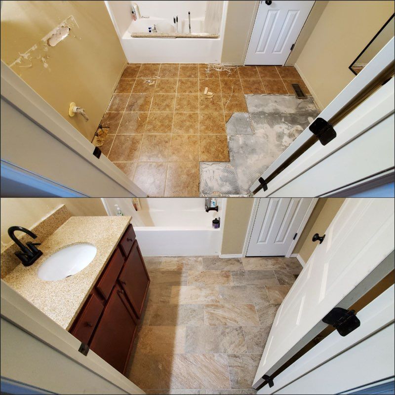 Before and after comparison of a bathroom renovation showing new vanity installation and updated floor tile.