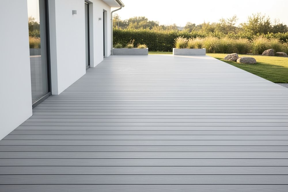 A modern, light gray composite deck extends from a white house toward a grassy backyard with decorative stone planters.