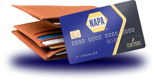 NAPA credit card partially out of a brown leather wallet; blue and yellow card.