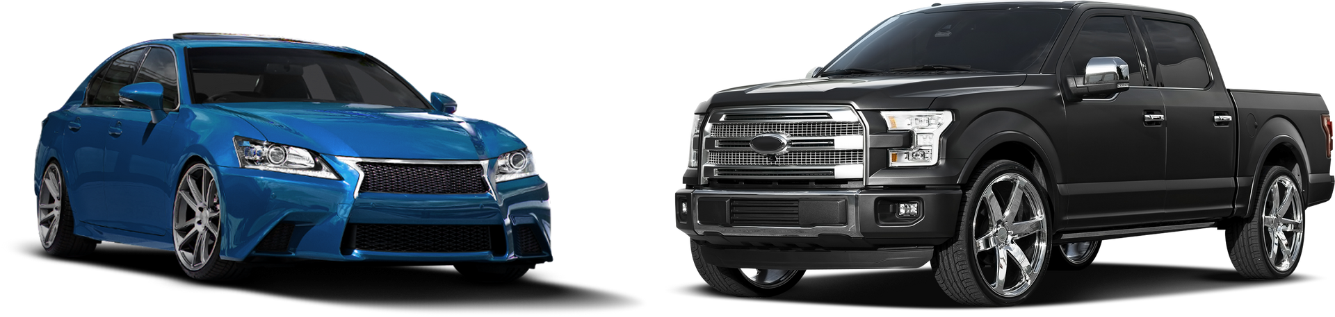 Blue sedan and black pickup truck side-by-side on a white background.