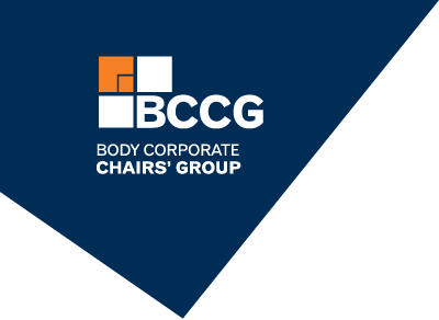 A blue and white logo for bccg body corporate chairs group