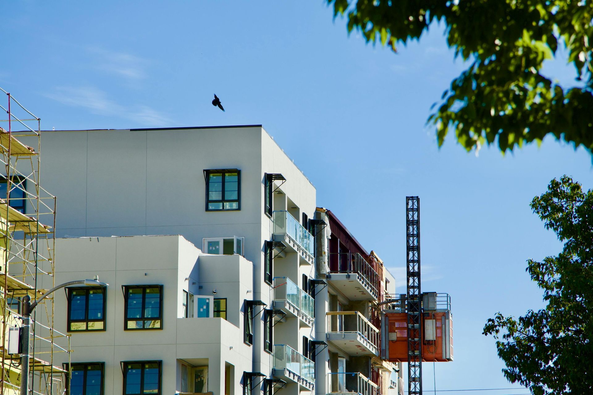 A building under construction with a bird sitting on top of it.