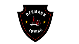 A Denmark Towing  logo with a red truck on it