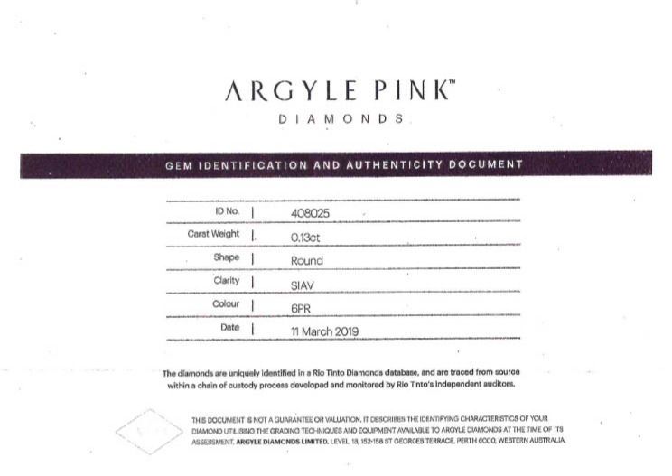 CERTIFIED ARGYLE Round Diamond 0.13ct 6PR SIAV