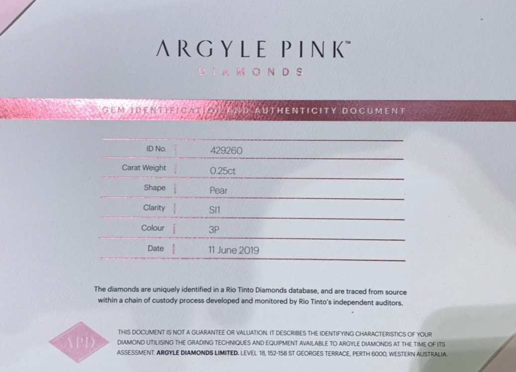 CERTIFIED ARGYLE Pear Diamond 0.25ct 3P SI1