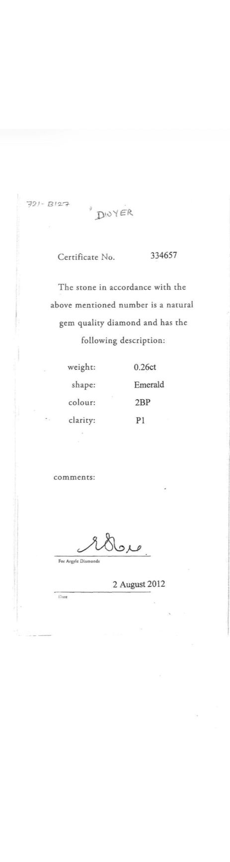 CERTIFIED ARGYLE Emerald Diamond 0.26ct 2BP P1