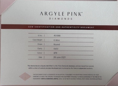 CERTIFIED ARGYLE Round Diamond 0.30ct 3PR VVS1