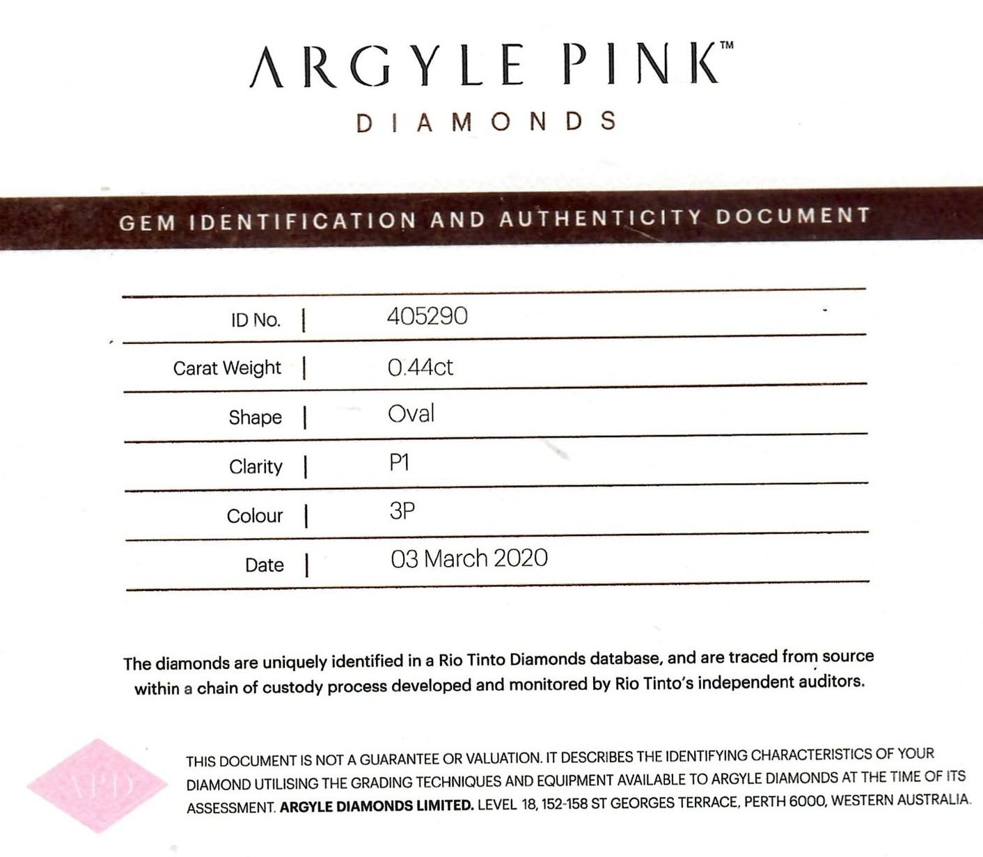 CERTIFIED ARGYLE Oval Diamond 0.44ct 3P P1