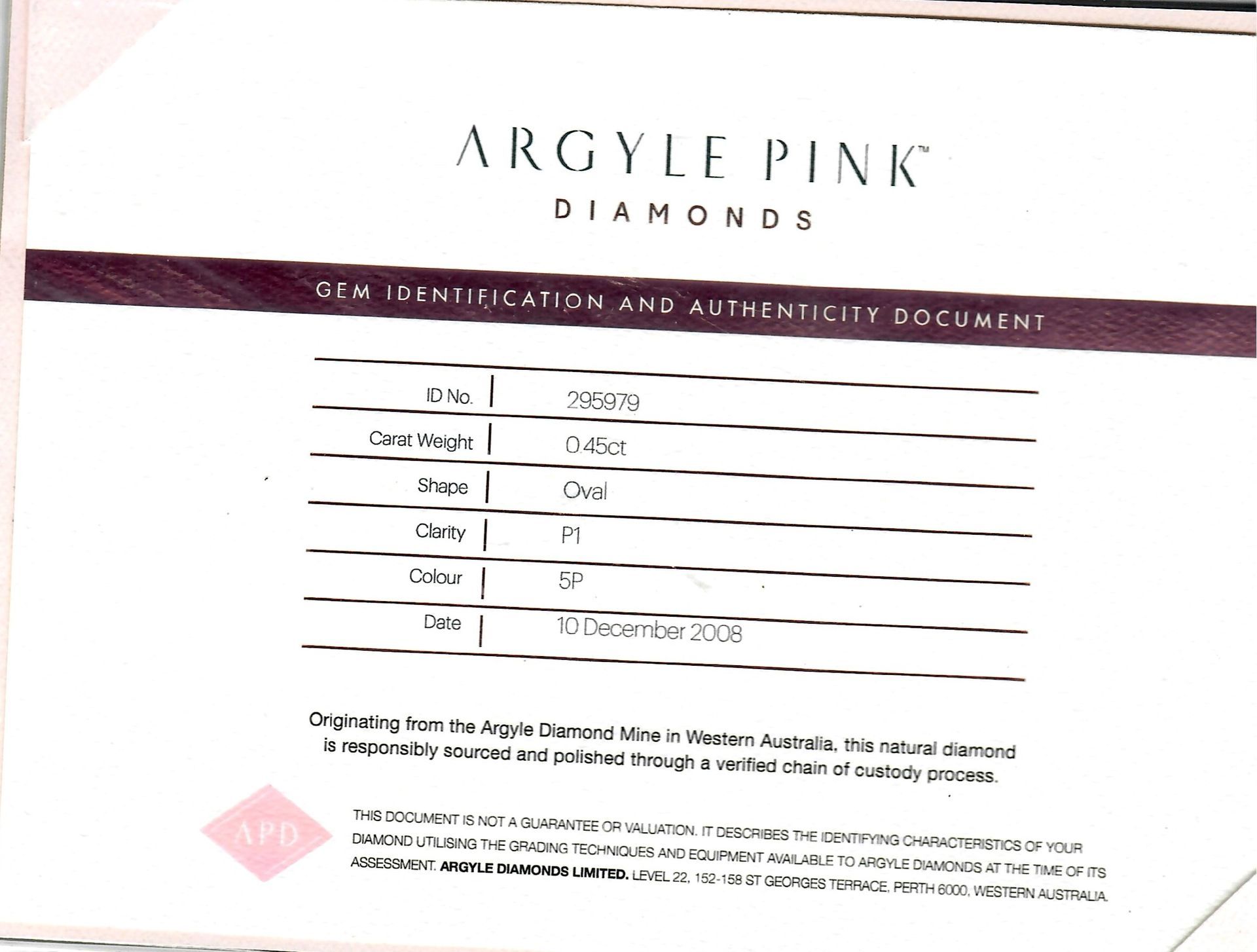 CERTIFIED ARGYLE Oval Diamond 0.45ct 5PP P1