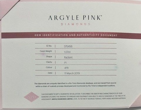 CERTIFIED ARGYLE RADIANT 1.07CT 4PR FIP P1 Tender 2019 Lot 40