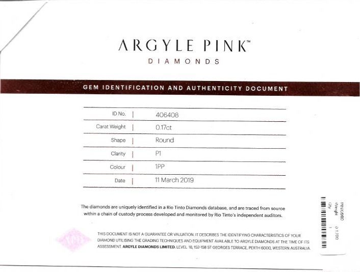 CERTIFIED ARGYLE Round Diamond 0.17ct 1PP P1