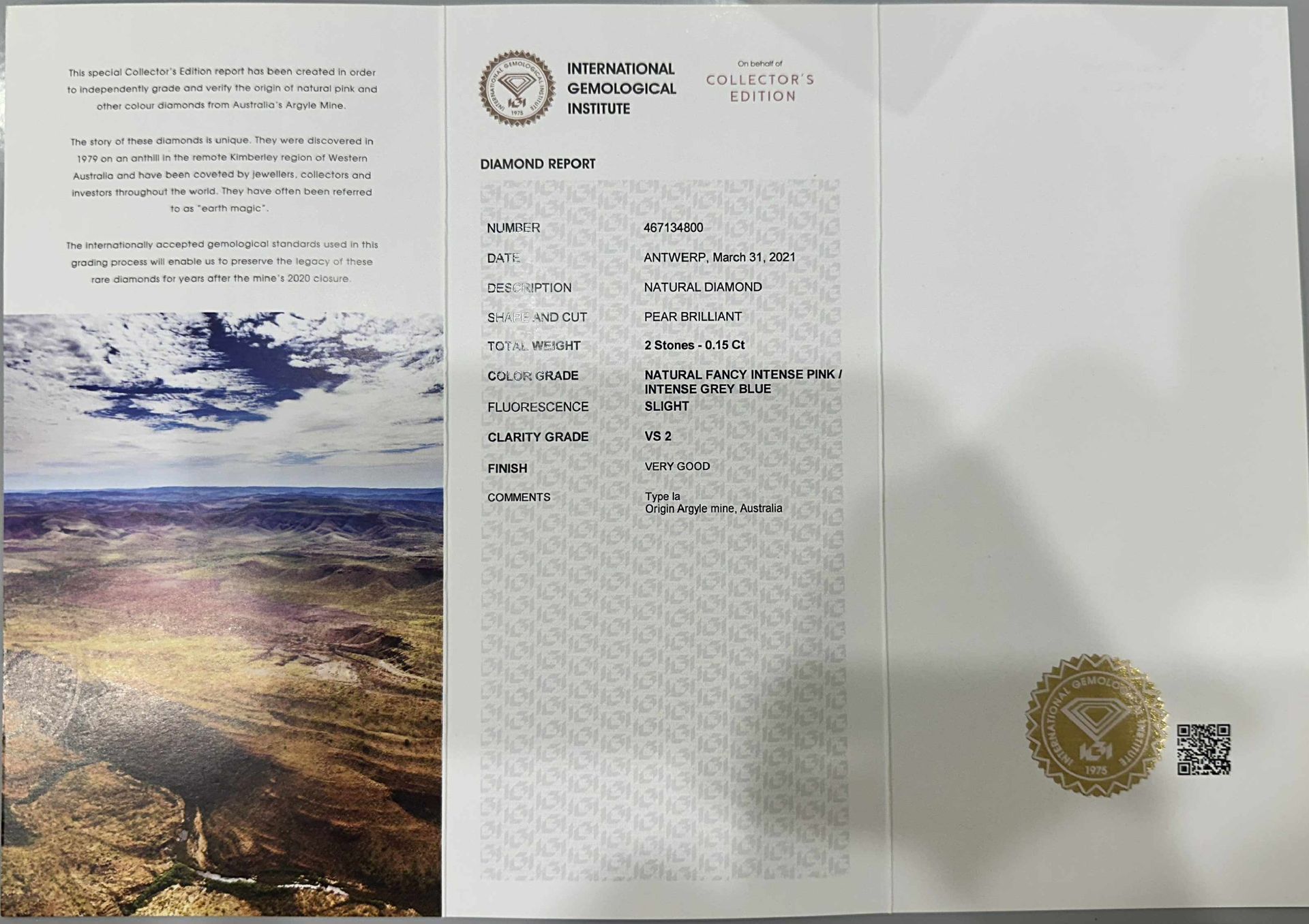 ORIGIN ARGYLE Pear Diamonds 2 = 0.15ct Blue/ Pink VS2