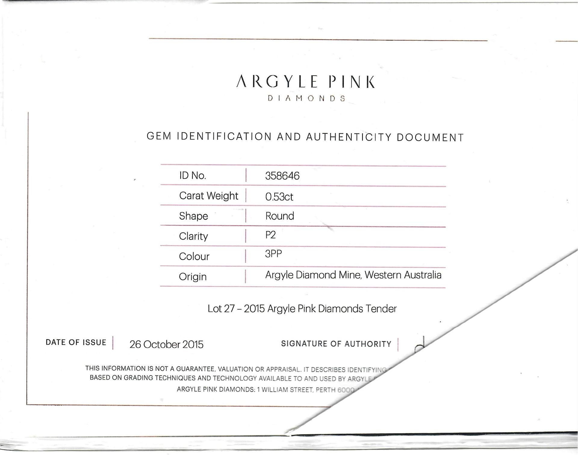 CERTIFIED ARGYLE Round Diamond 0.53ct 3PP P2 Tender Lot 27 2015
