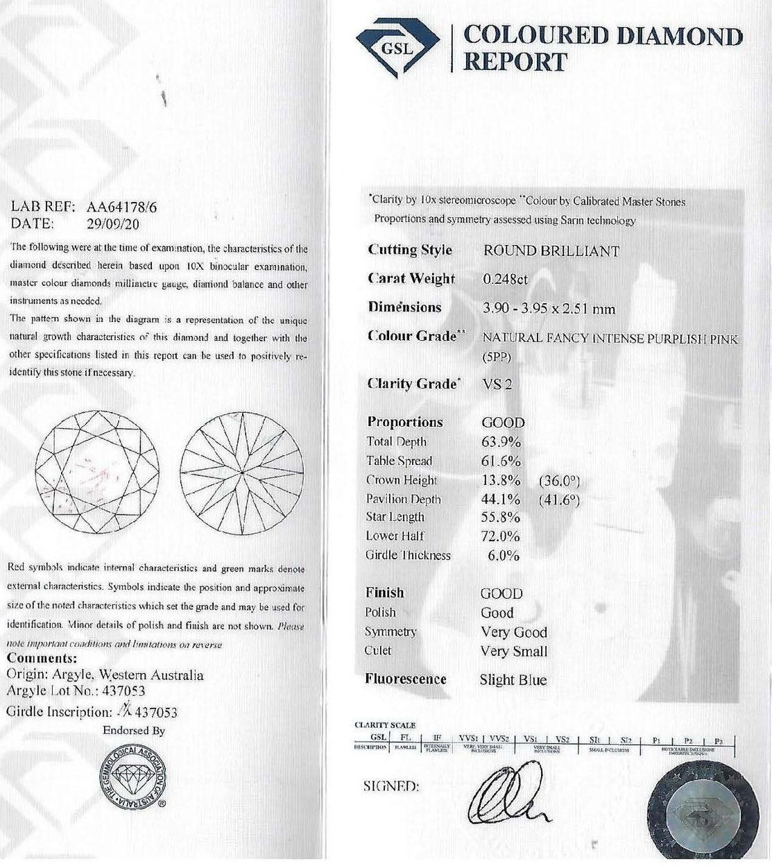 CERTIFIED ARGYLE Round Diamond 0.24ct 5PP VS2