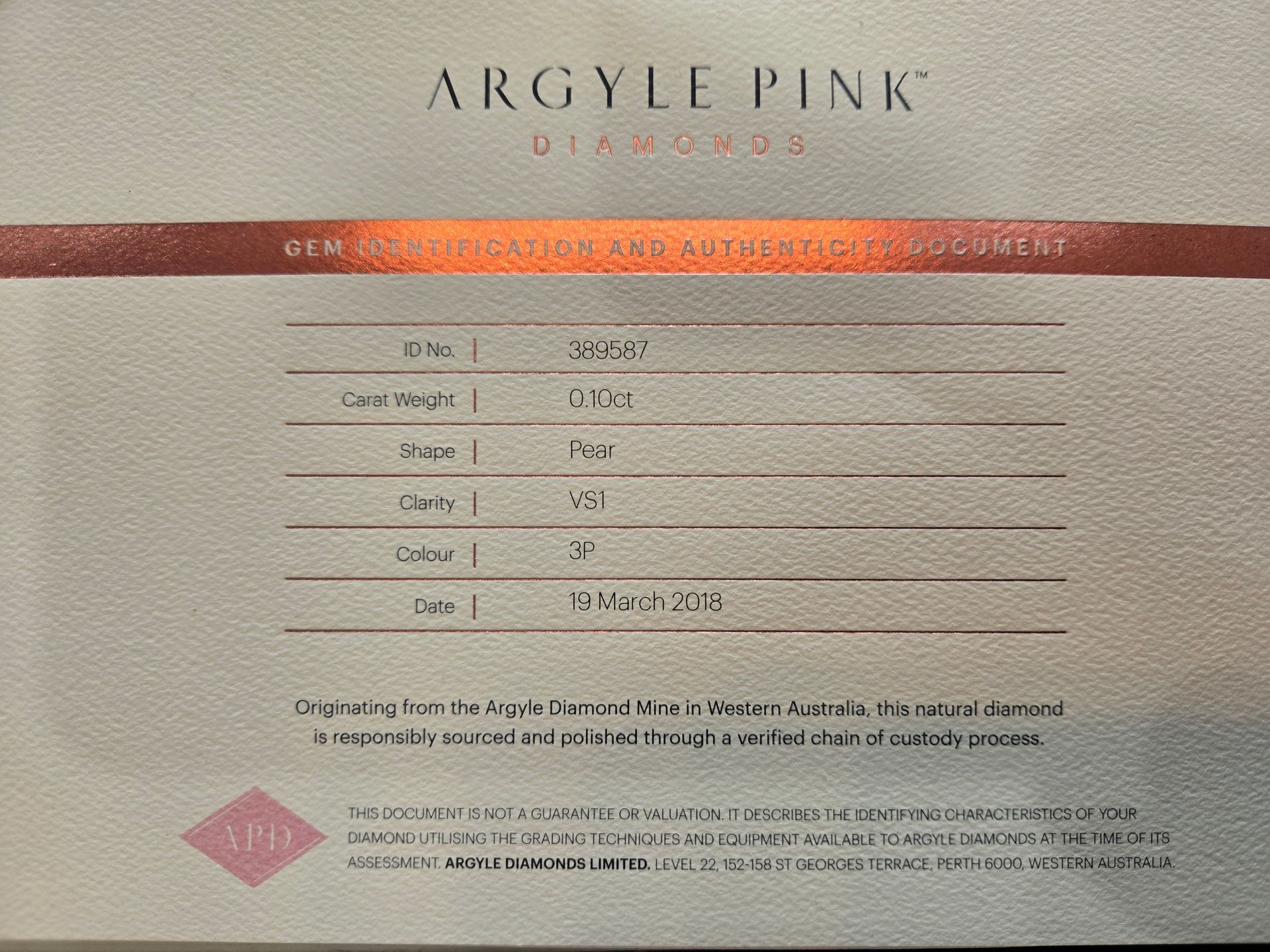 CERTIFIED ARGYLE Pear Diamond 0.10ct 3P VS1