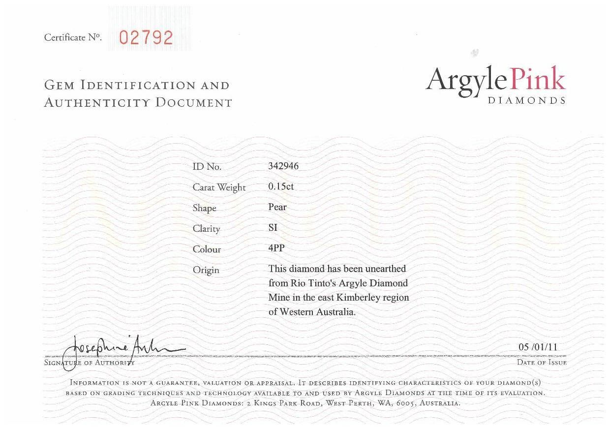 CERTIFIED ARGYLE Pear Diamond 0.15ct 4PP SI1