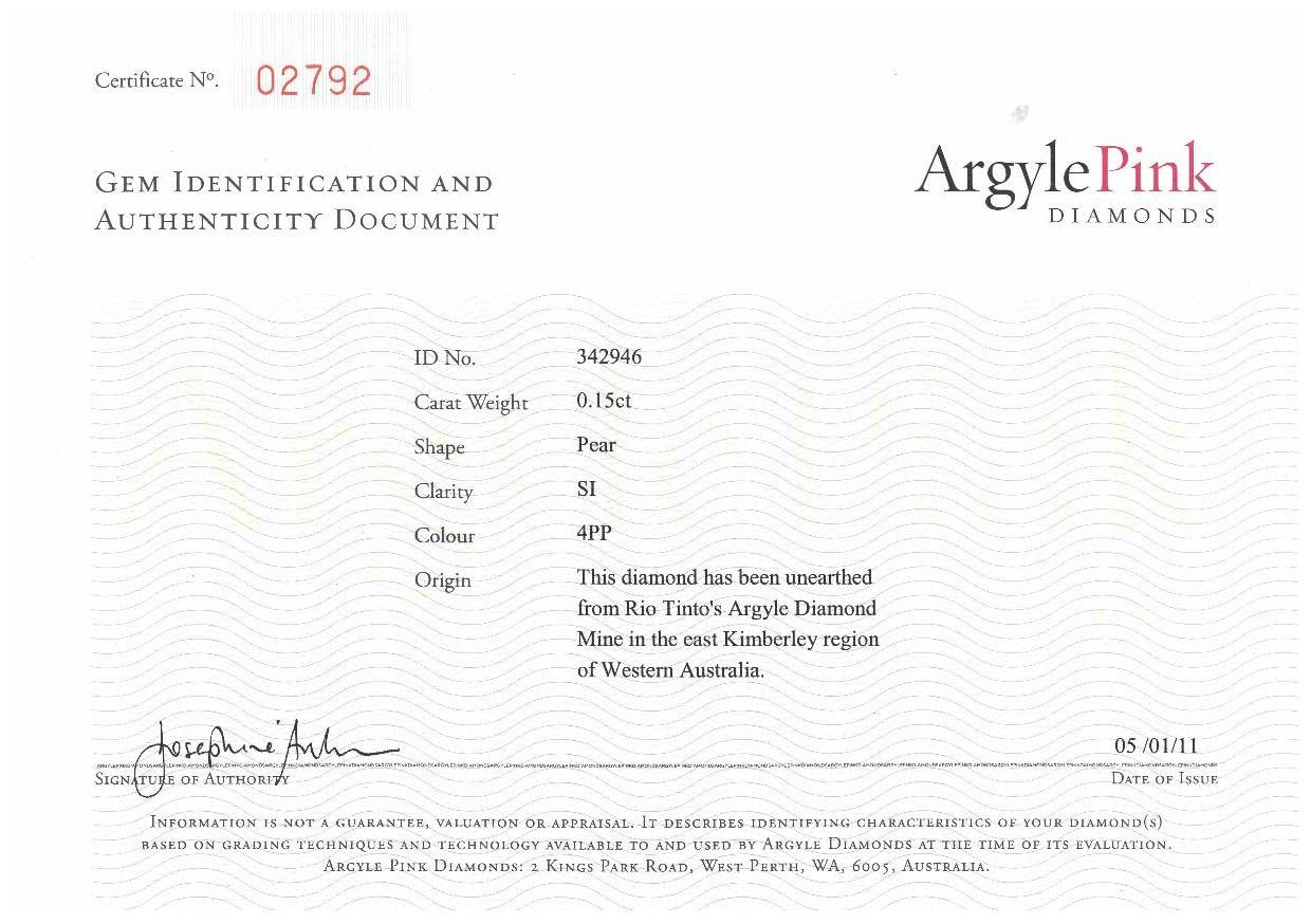 CERTIFIED ARGYLE Pear Diamond 0.15ct 4PP SI1
