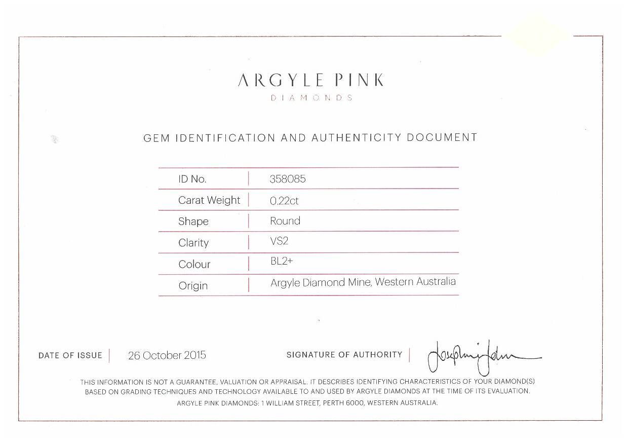 CERTIFIED ARGYLE Round Diamond 0.22ct BL2+ VS2