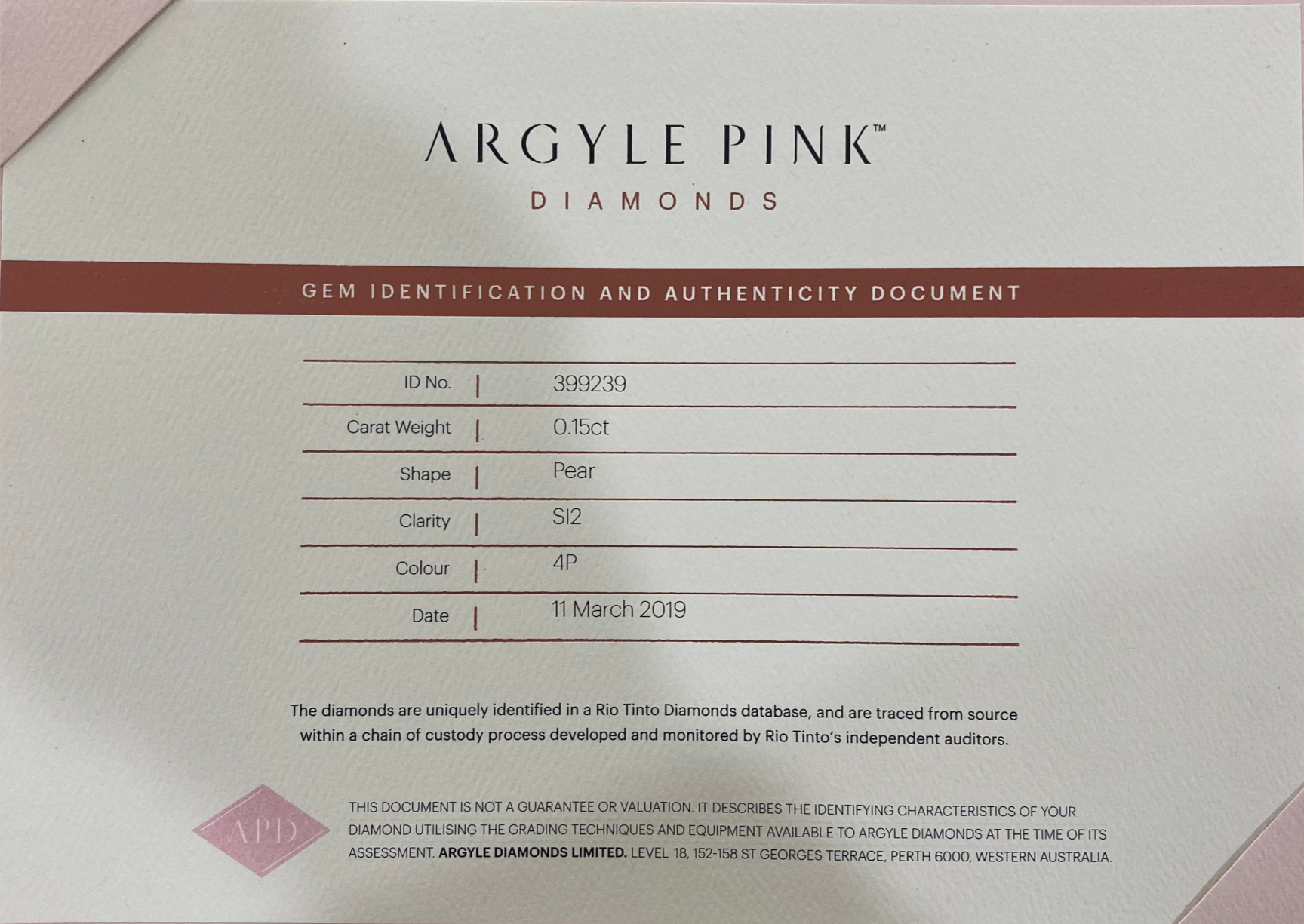 CERTIFIED ARGYLE Pear Diamond 0.15ct 4P SI2