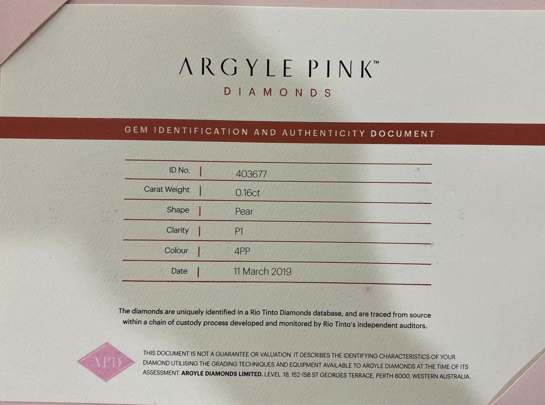 CERTIFIED ARGYLE Pear Diamond 0.16ct 4PP P1