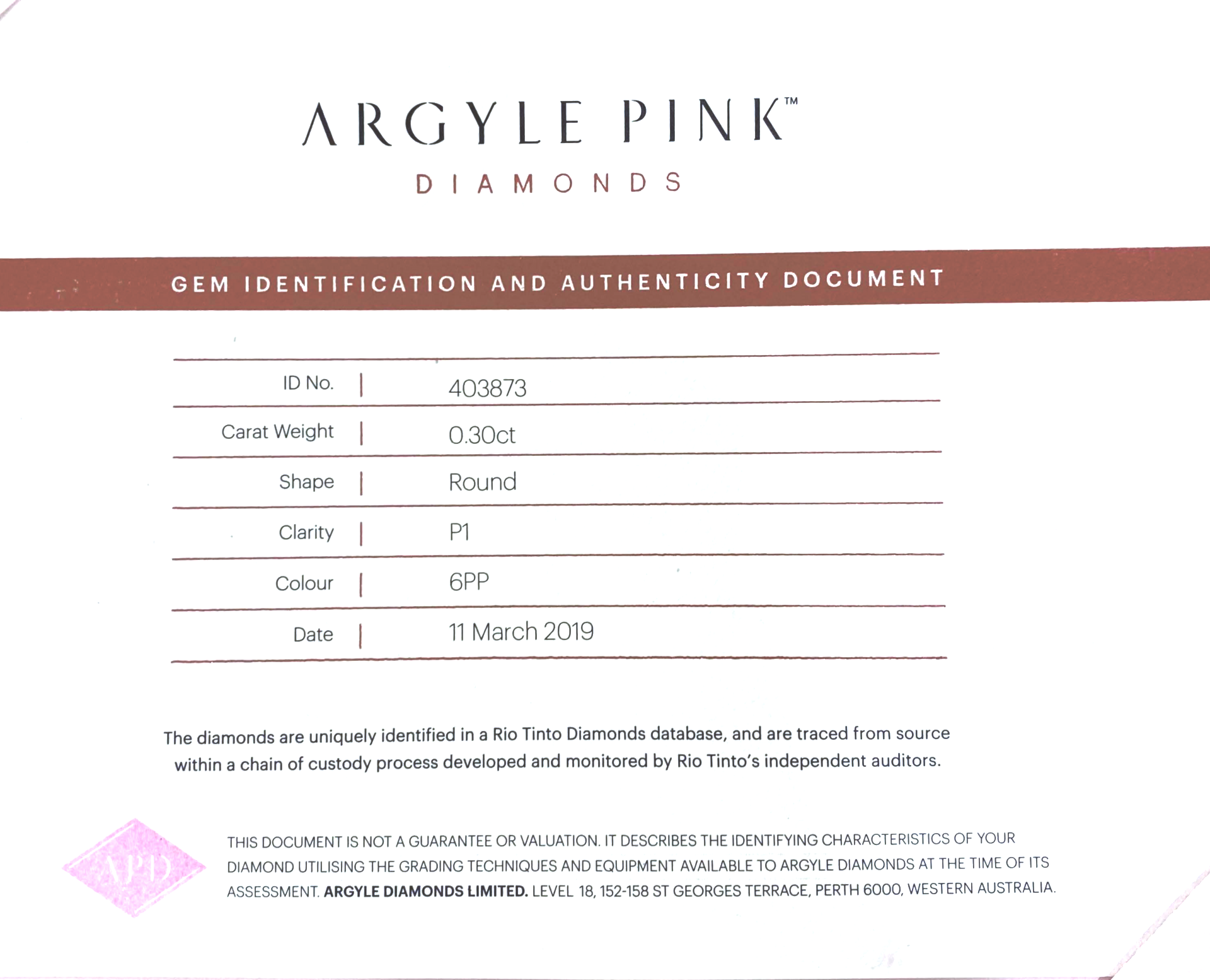 CERTIFIED ARGYLE Round Diamond 0.30ct 6PP P1 403873