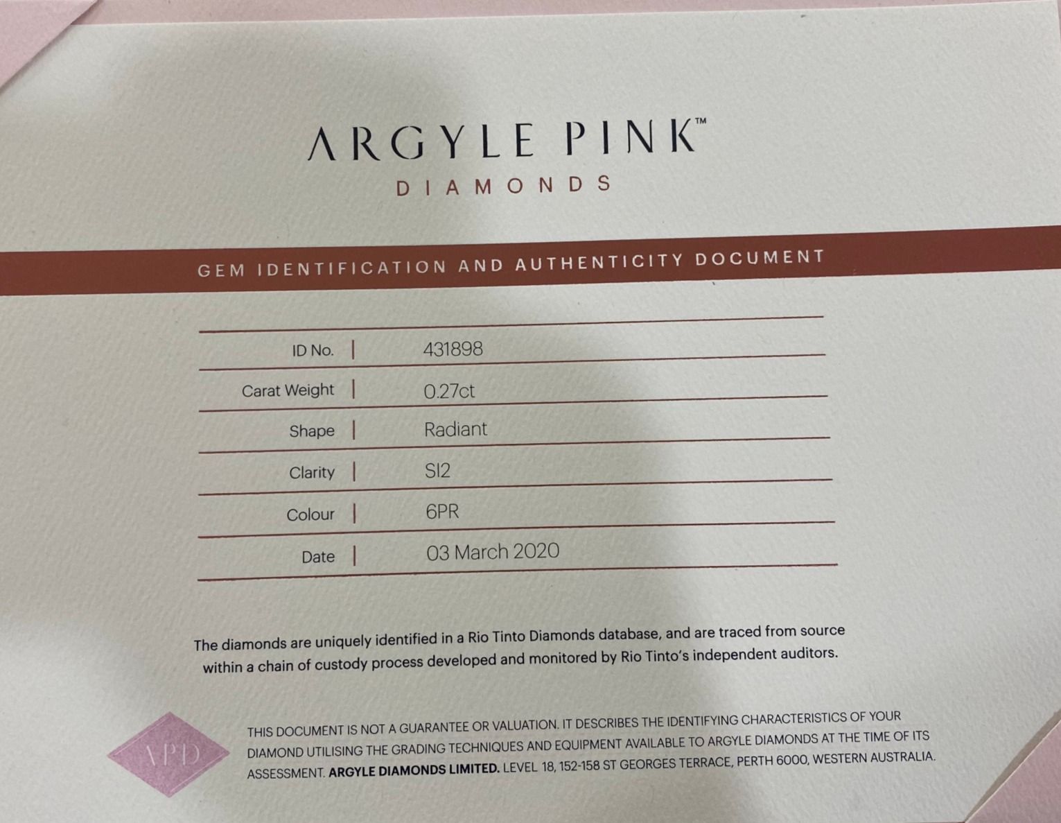 CERTIFIED ARGYLE Radiant Diamond 0.27ct 6PR SI2