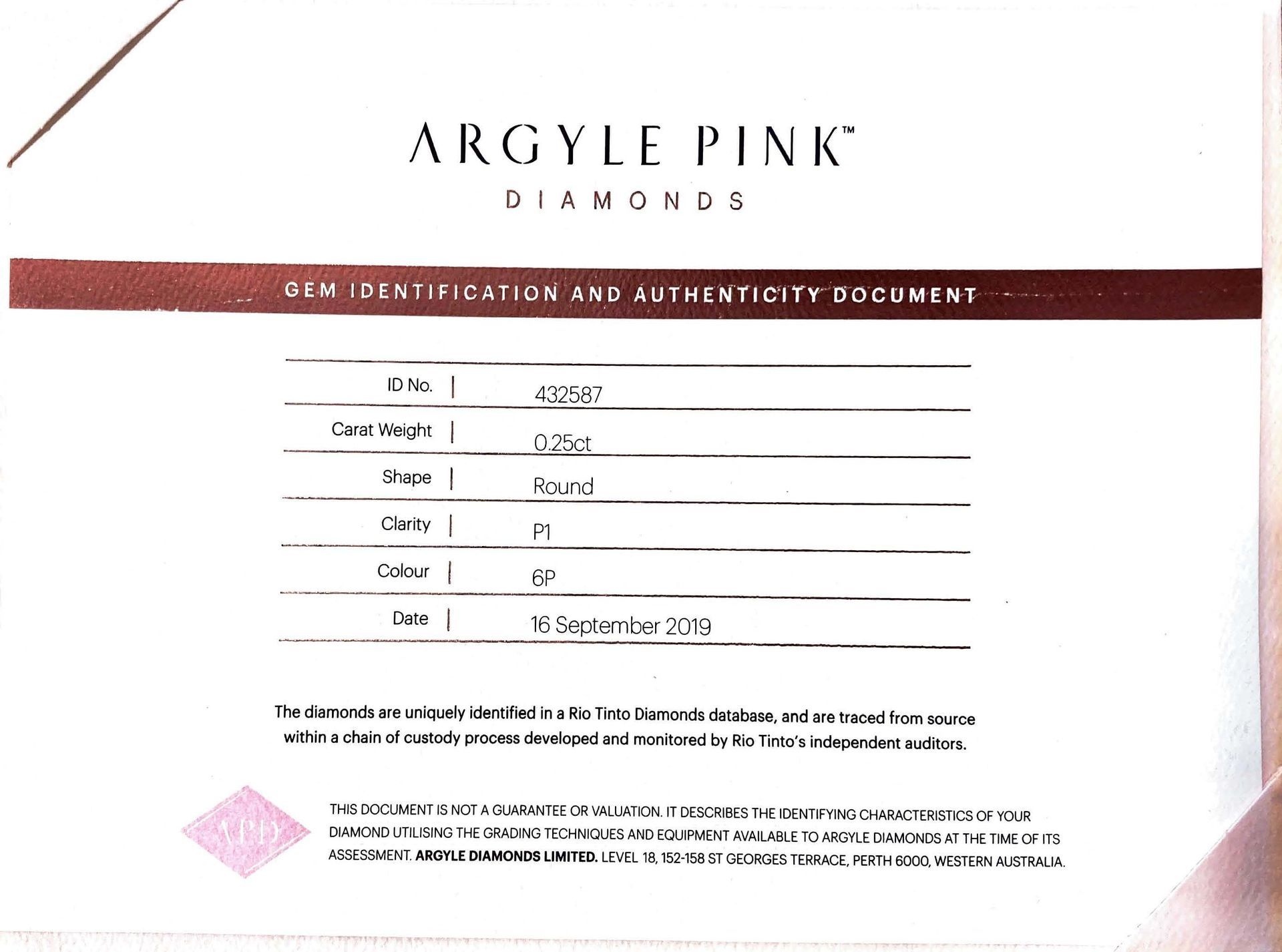 CERTIFIED ARGYLE Round Diamond 0.25CT 6P P1