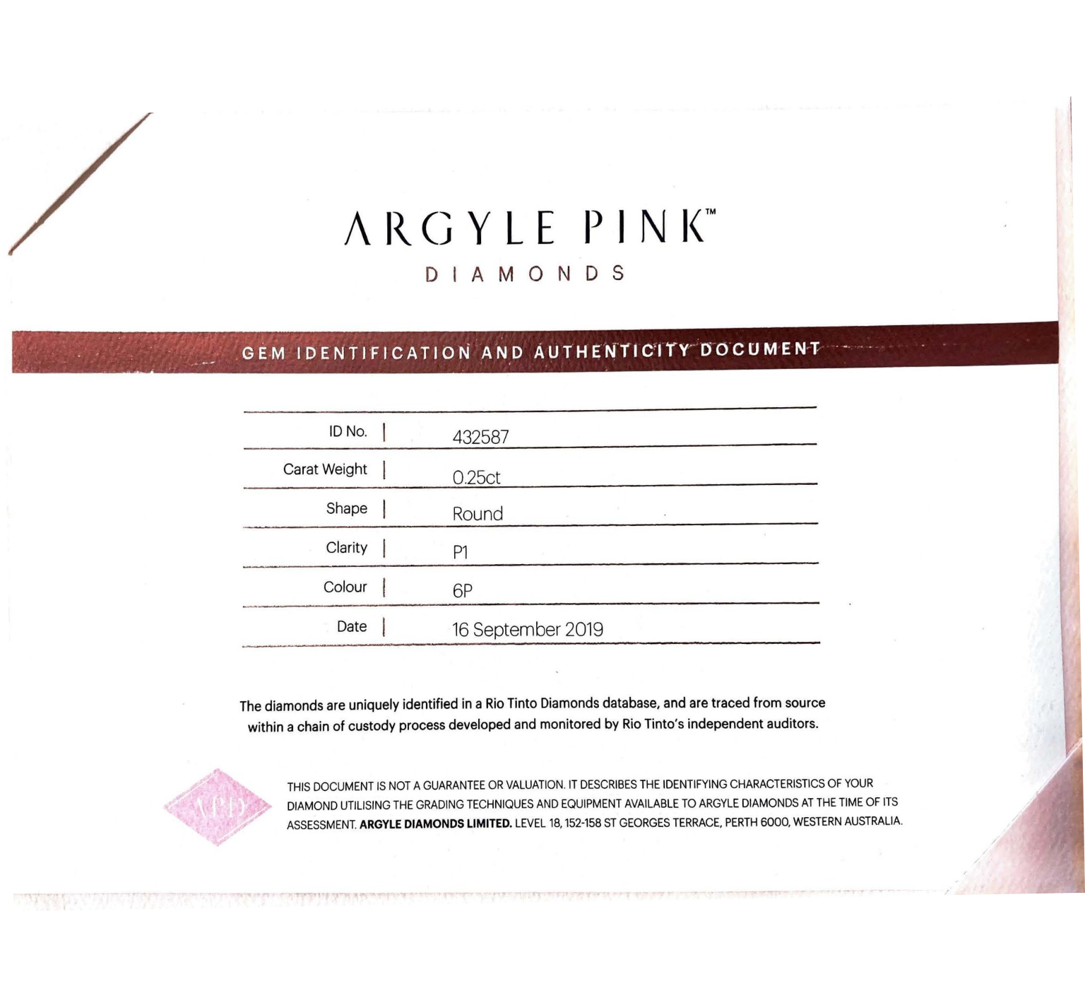 CERTIFIED ARGYLE Round Diamond 0.25ct 6P P1