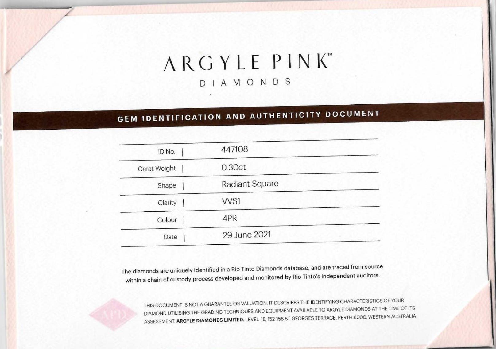 CERTIFIED ARGYLE Radiant Diamond 0.30ct 4PR VVS1/VVS2