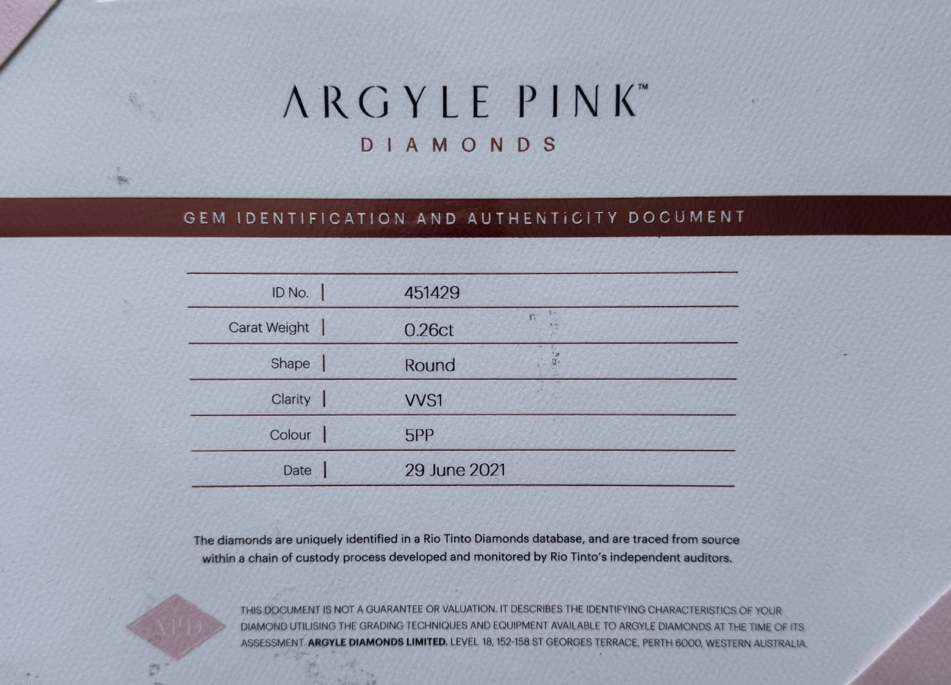 CERTIFIED ARGYLE Round Diamond 0.26ct 5PP VVS1