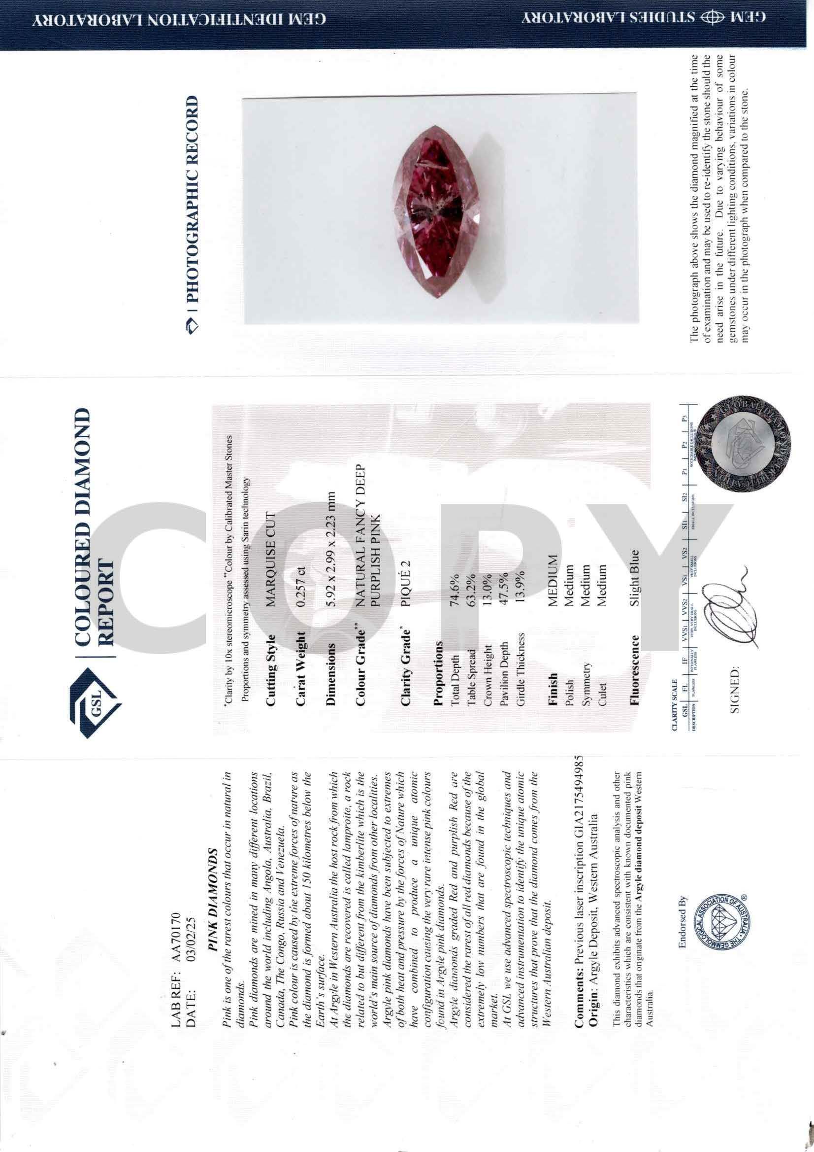 CERTIFIED ARGYLE Marquise Diamond 0.25CT 2PP EQ P2