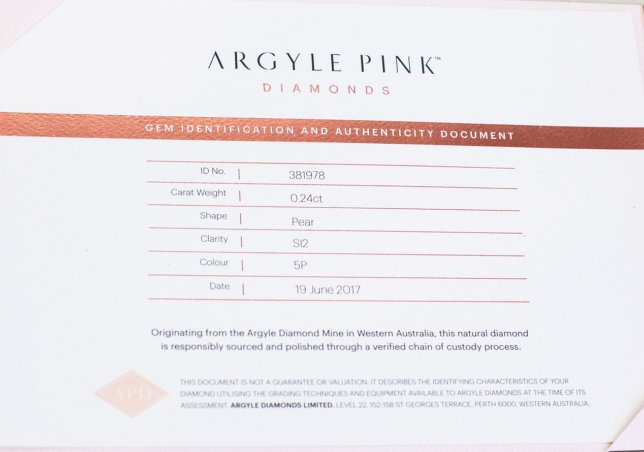 CERTIFIED ARGYLE Pear Diamond 0.24ct 5P SI2