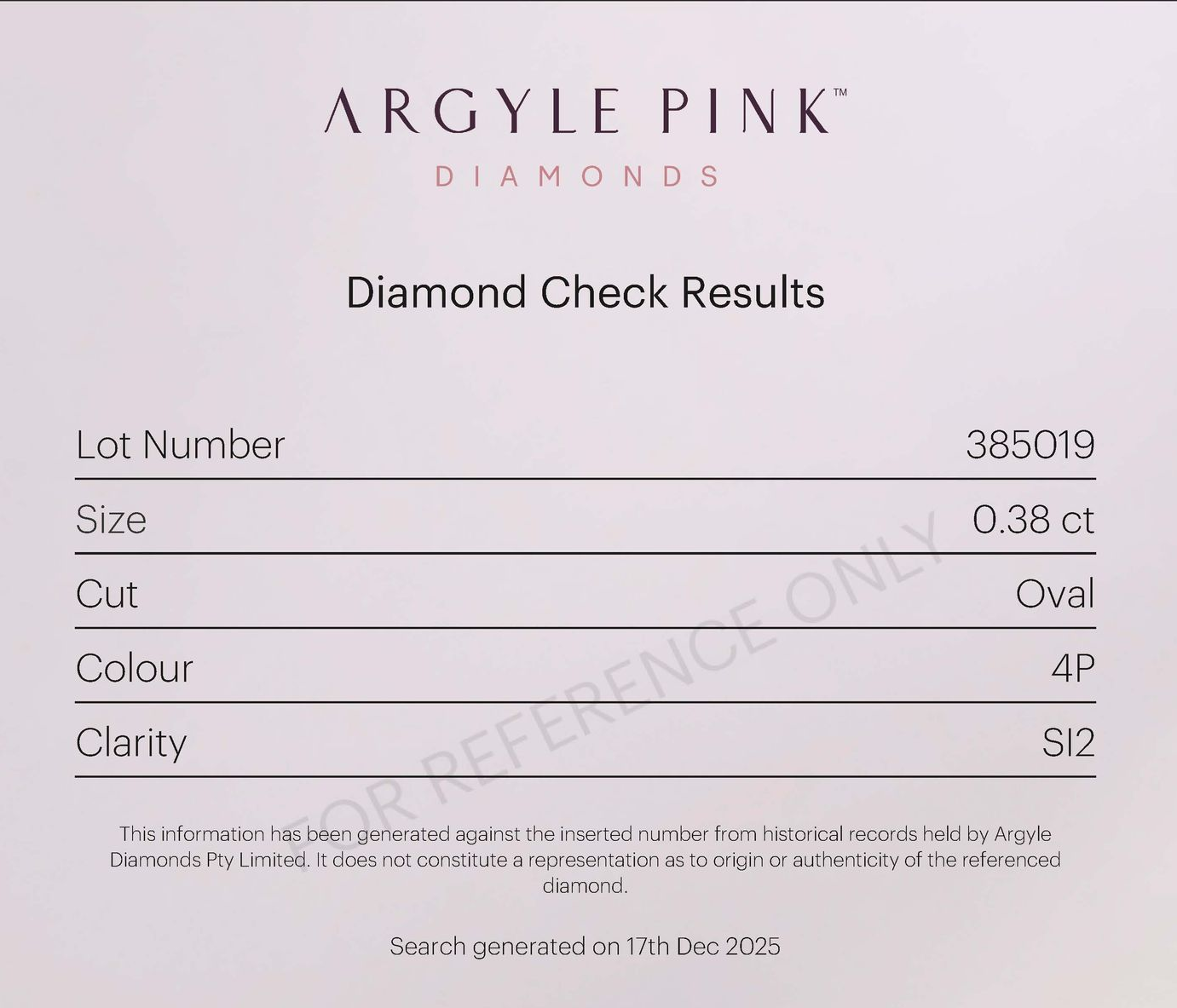 CERTIFIED ARGYLE Oval Diamond 0.38ct 4P SI2