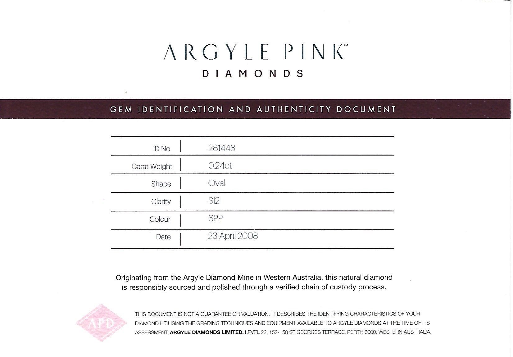 CERTIFIED ARGYLE Oval Diamond 0.24CT 6PP SI2