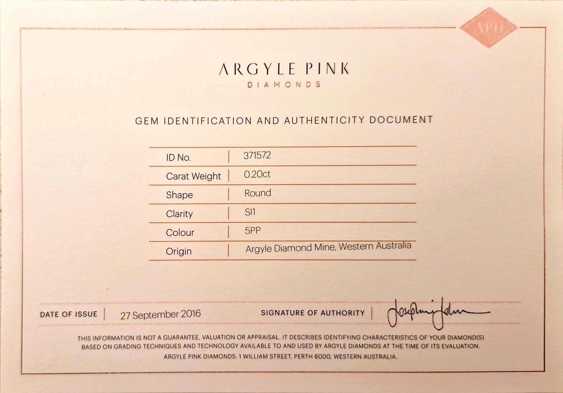 CERTIFIED ARGYLE Round Diamond 0.20ct 5PP SI1