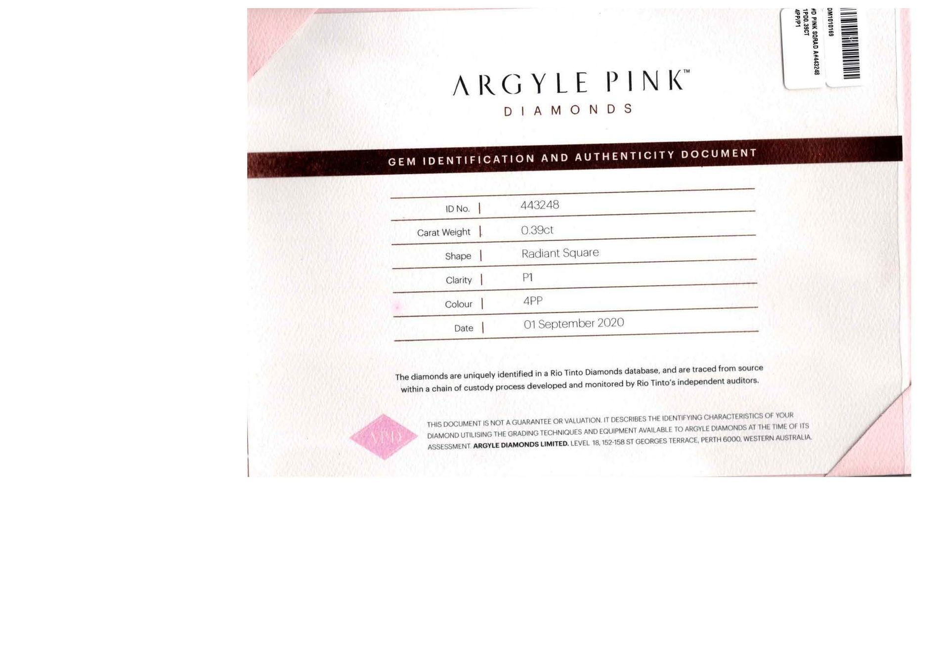 CERTIFIED ARGYLE Radiant 0.39ct 4PP P1