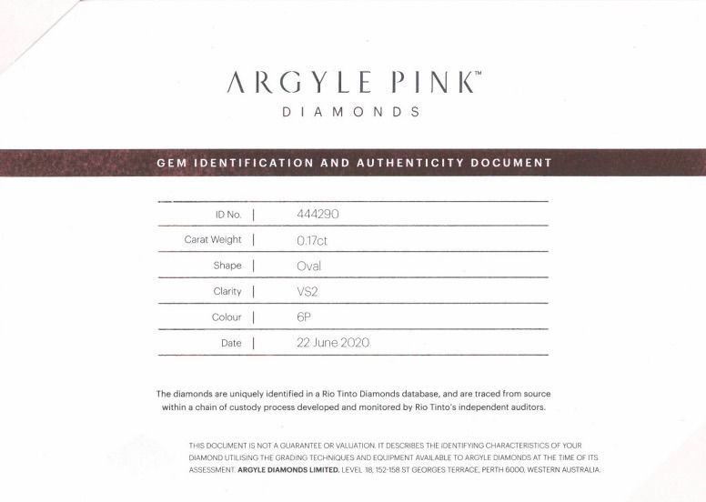 CERTIFIED ARGYLE Oval Diamond 0.17CT 6P VS1