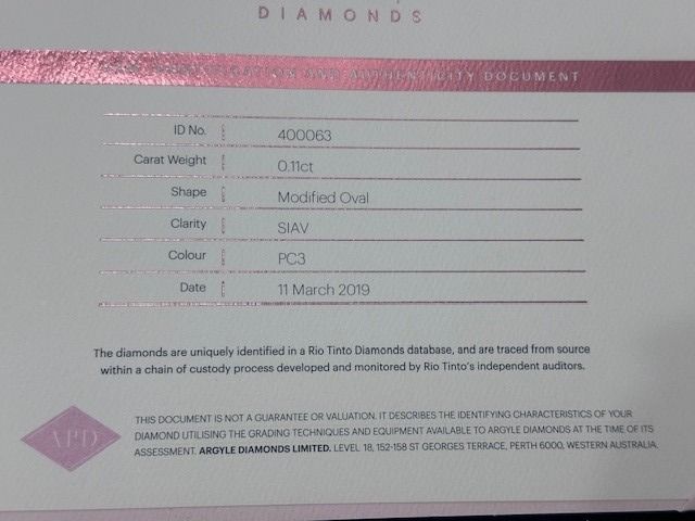 CERTIFIED ARGYLE Oval Diamond 0.11ct PC3 SIAV
