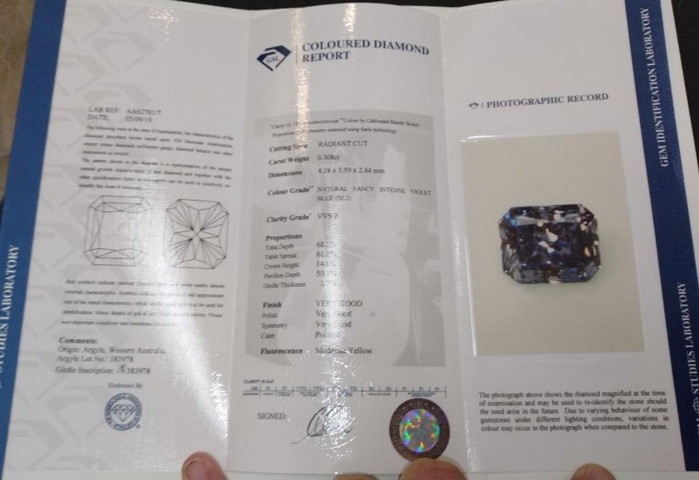 CERTIFIED ARGYLE Radiant Diamond 0.30ct BL2 VVS2