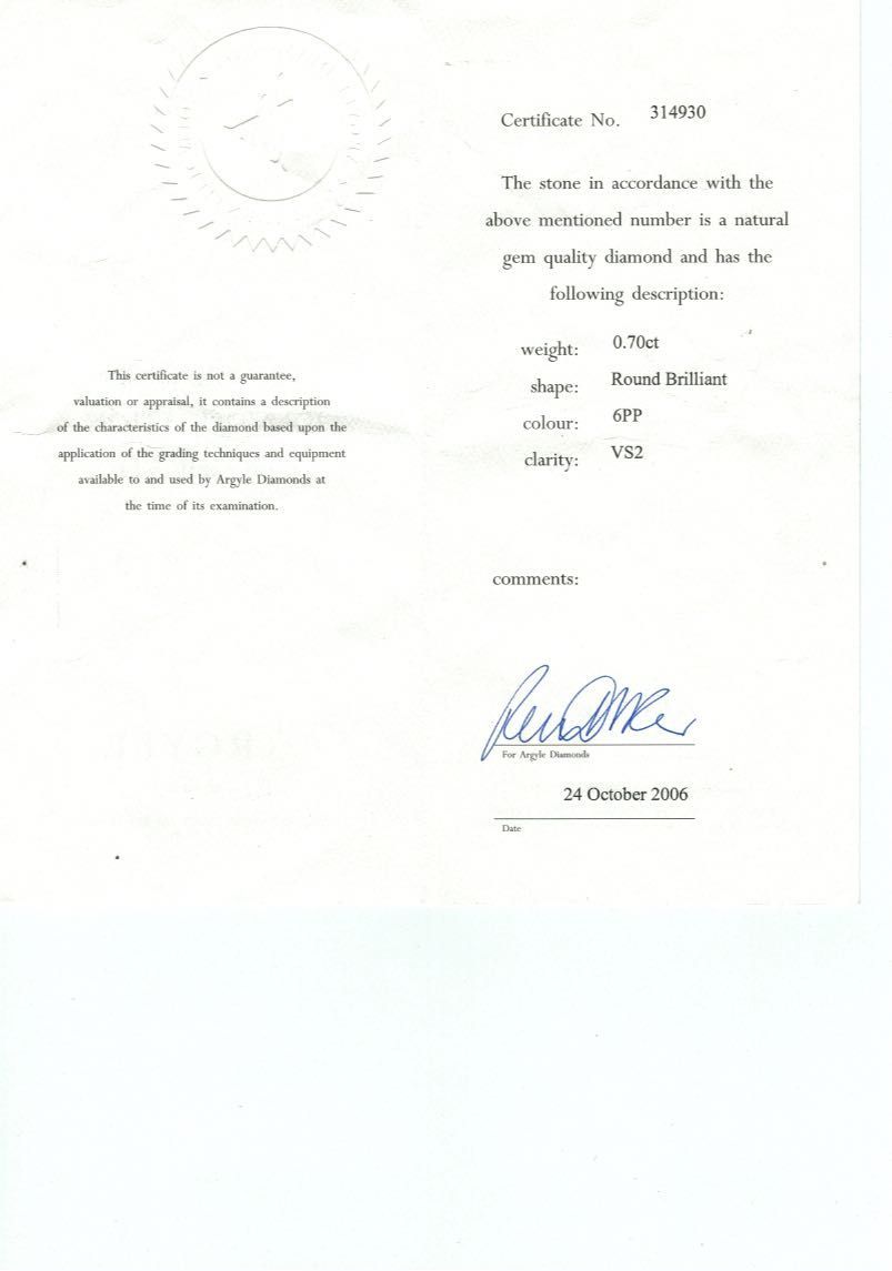 CERTIFIED ARGYLE Round Diamond 0.70ct 6PP VS2