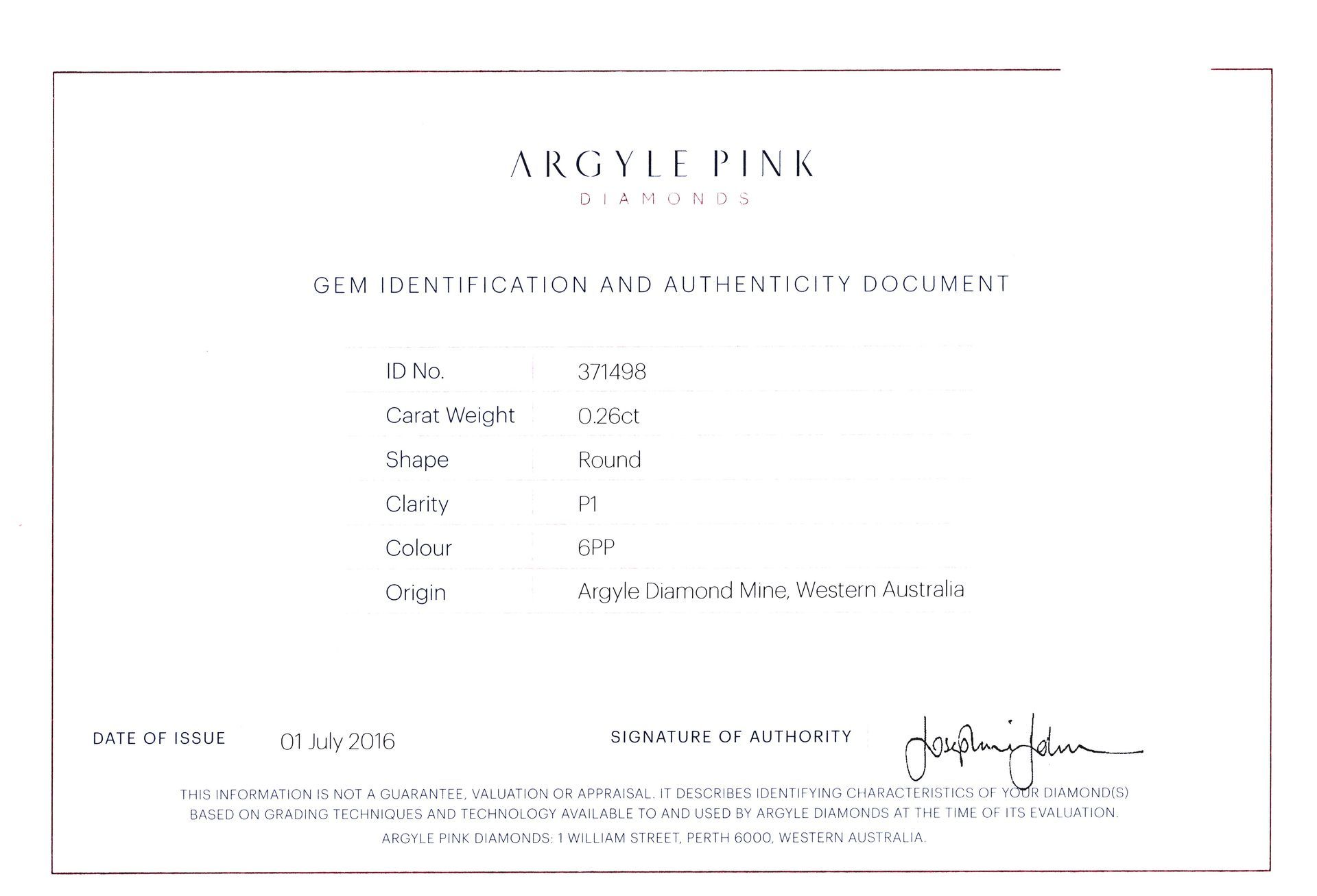 CERTIFIED ARGYLE Round Diamond 0.26ct 6PP P1 Argyle# 371498