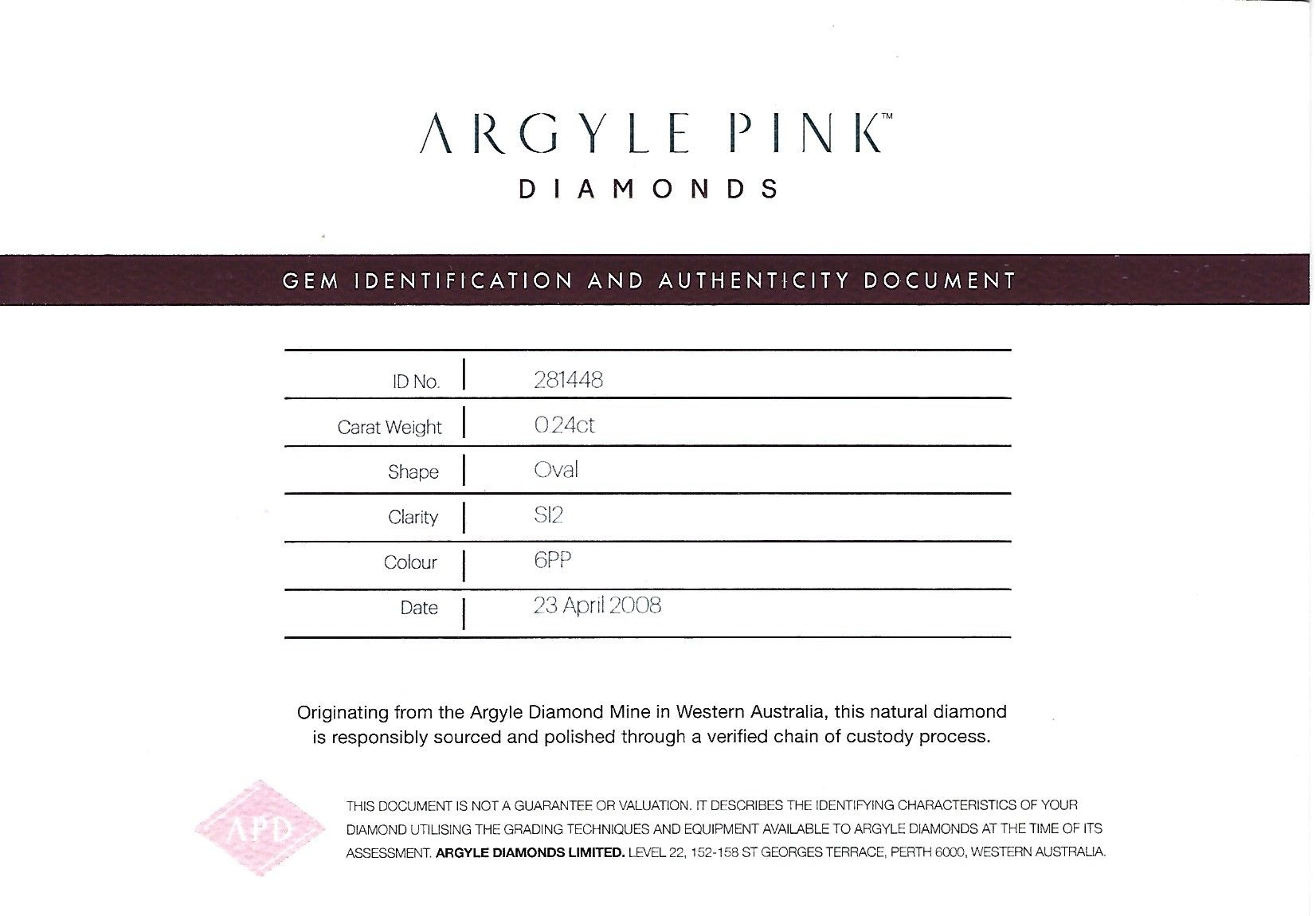 CERTIFIED ARGYLE Oval Diamond 0.24CT 6PP SI2